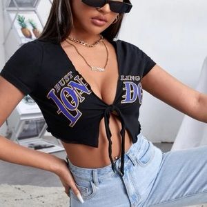 SHEIN letter graphic knot front crop top